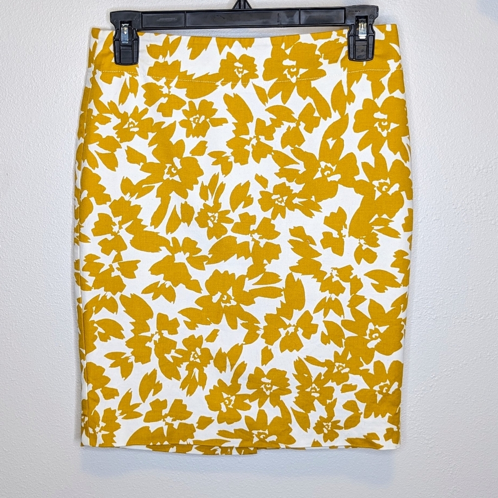 LOFT Petite Mustard Yellow Floral Pencil Skirt 0P Cotton Stretch - Picture 3 of 9